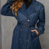 Women Vintage Double Breasted Mid Long Denim Jacket Jean Trench Coat Duster Blazer Jacket Windbreaker Belt