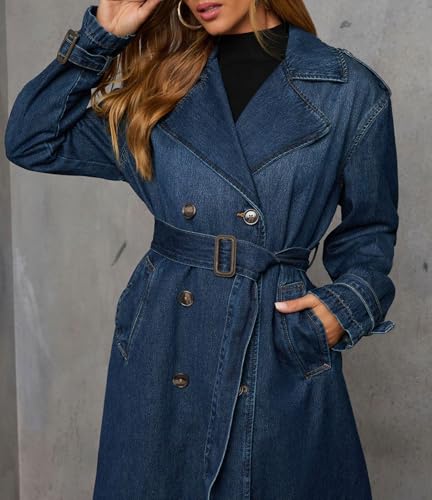 Women Vintage Double Breasted Mid Long Denim Jacket Jean Trench Coat Duster Blazer Jacket Windbreaker Belt