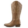 41N7iLK00rL.jpg Women's Wide Calf Cowboy Boots Pull on Cowgirl Embroidered Mid Calf Pointed Toe Chunky Heel Western Boots