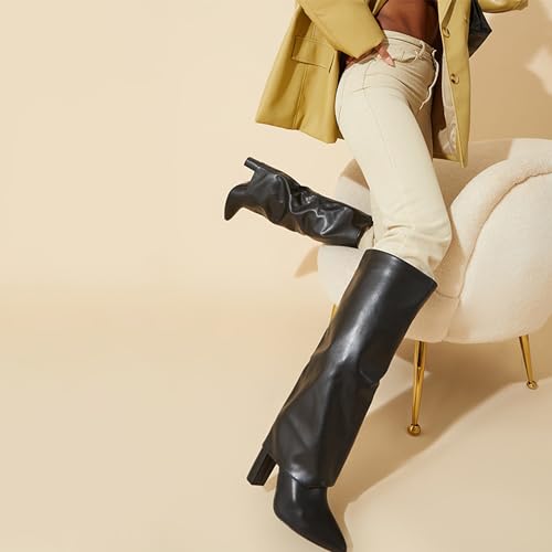 41Nf8yUEoSL.jpg Knee High Boots Women Fold Over Knee High Boots Chunky High Heels Long Boots Zipper Pointed Toe Dress Tall Boots for Women