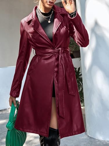 41NiKgDPh6L.jpg Leather Jacket Women Trench Coat Long Loose Button Jacket Open Front Motorcycle Coat with Belt