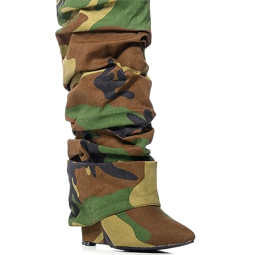 41O6nYEV7gL.jpg Slouched Ruched Fold Over Boots for Women Covered Wedge Heel Patent Leather Knee High Boots Wide Calf Pointed Toe Casual Boots