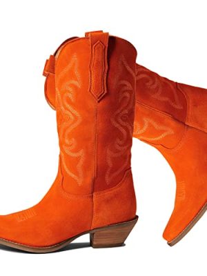 41PKt-ZtWkL.jpg Cowboy Boots Women Embroidered Mid Calf Western Boots Stacked Low Heel Pointed Toe Pull On Cowgirl Boot 4-11 M US