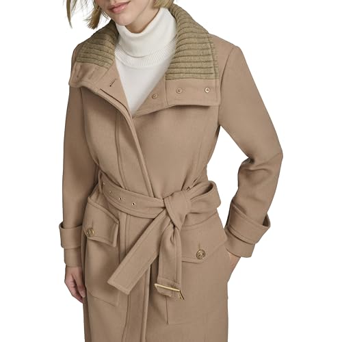 41PRWuDrMAL.jpg Women's Stand Belted Wool Trench Coat with Soft Ribbed-Knit Collar Detail