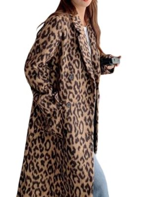 41QFjkYsFVL.jpg Womens Leopard Long Wool Trench Coat Notched Lapel Double Breasted Pea Coat Winter Warm Overcoat