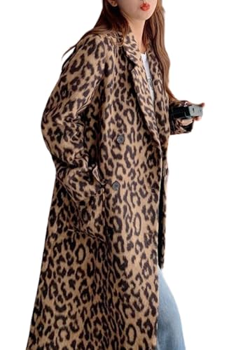 41QFjkYsFVL.jpg Womens Leopard Long Wool Trench Coat Notched Lapel Double Breasted Pea Coat Winter Warm Overcoat