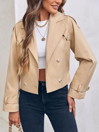 Womens Lapel Trench Coat Double Breasted Cropped Jacket Casual Outwear with Belt