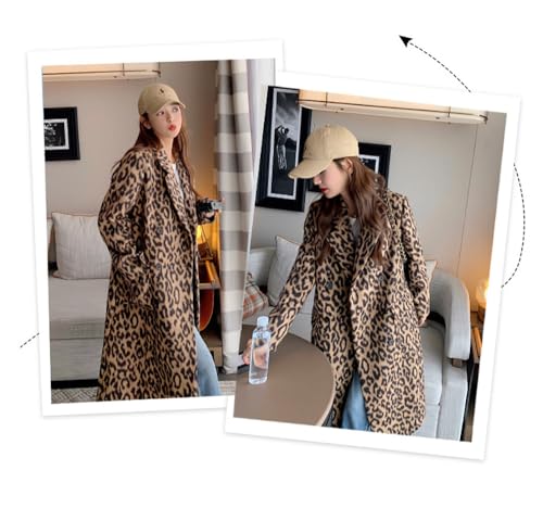 41RKhdk56AL.jpg Womens Leopard Long Wool Trench Coat Notched Lapel Double Breasted Pea Coat Winter Warm Overcoat