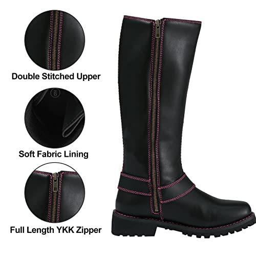 Women's Harness Motorcycle Riding Boots for Biker, Square Toe Lace Up Knee High Boots with Side Zipper, Black PU Leather