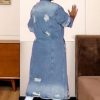 Women's Spring Fashion Ripped Holes Maxi Long Denim Jacket Trench Coat