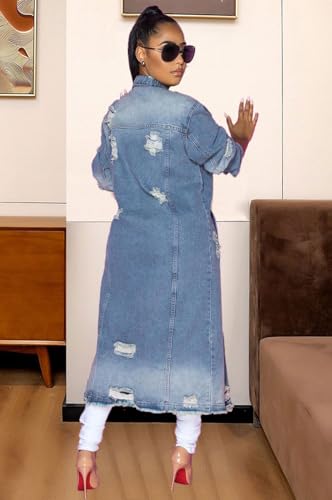 Women's Spring Fashion Ripped Holes Maxi Long Denim Jacket Trench Coat