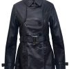 Ladies Leather Trench Coat Black Mid Length Coat Classic Jacket