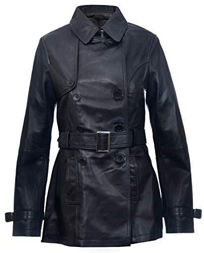 Ladies Leather Trench Coat Black Mid Length Coat Classic Jacket