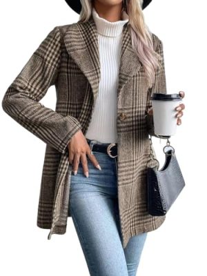 Long Wool Plaid Blazer for Women Fall Outfits Winter Trench Coat Long Sleeve Casual Dressy Lapel Jacket Peacoat