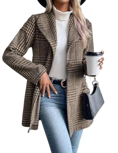 41UxB7sVML.jpg Long Wool Plaid Blazer for Women Fall Outfits Winter Trench Coat Long Sleeve Casual Dressy Lapel Jacket Peacoat