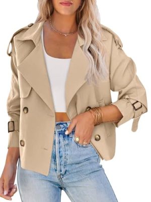 Women Crop Double Breasted Trench Coat Raglan Sleeve Work Office Cropped Jacket With Pockets