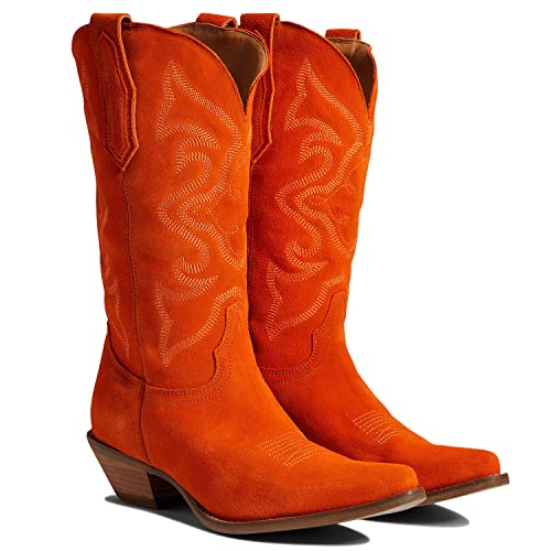 41VNy0h58EL.jpg Cowboy Boots Women Embroidered Mid Calf Western Boots Stacked Low Heel Pointed Toe Pull On Cowgirl Boot 4-11 M US