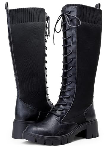 Women's 953 Lace Platform Combat Knee High Boots with Comfort Chunky Heel