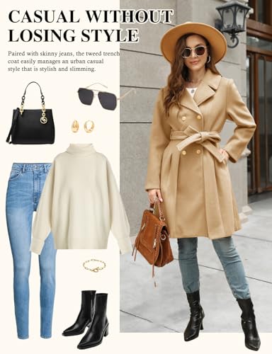 Women’s Wool Blend Trench Coat Slim Double Breasted Notch Lapel Pea Coat Thick A Line Jacket with Pockets(S-XXL)