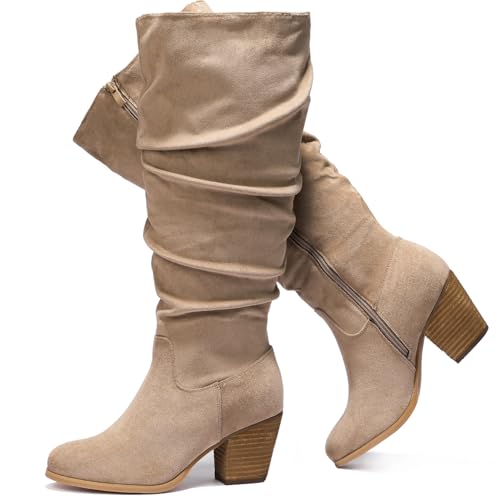 Women's Extra Wide Calf Slouchy Knee High Boots, Wide Width Knee-High Boots Low Stacked Heel Side Zipper Winter Fall Tall Boots.