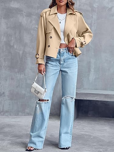 41WoJEEI3XL.jpg Women Crop Double Breasted Trench Coat Raglan Sleeve Work Office Cropped Jacket With Pockets