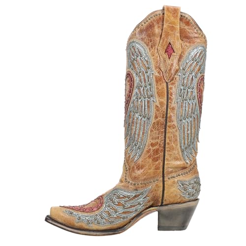 CORRAL LADIE'S SAND HEART & WINGS OVERLAY & EMBROIDERY & STUDS, SNIP TOE, LEATHER SOLE, WESTERN, A4235