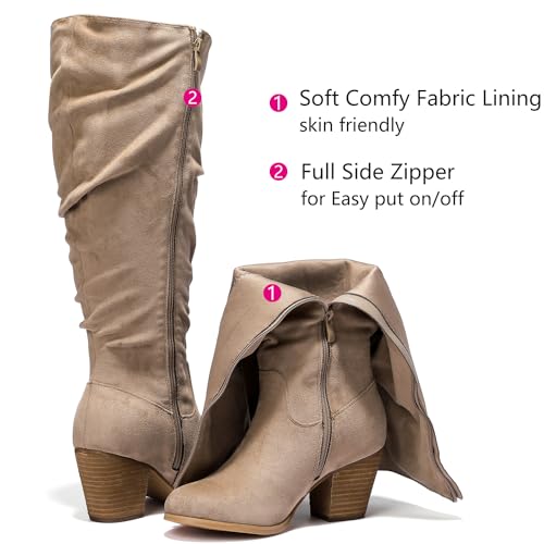 Women's Extra Wide Calf Slouchy Knee High Boots, Wide Width Knee-High Boots Low Stacked Heel Side Zipper Winter Fall Tall Boots.