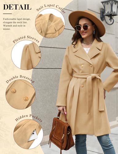 Women’s Wool Blend Trench Coat Slim Double Breasted Notch Lapel Pea Coat Thick A Line Jacket with Pockets(S-XXL)