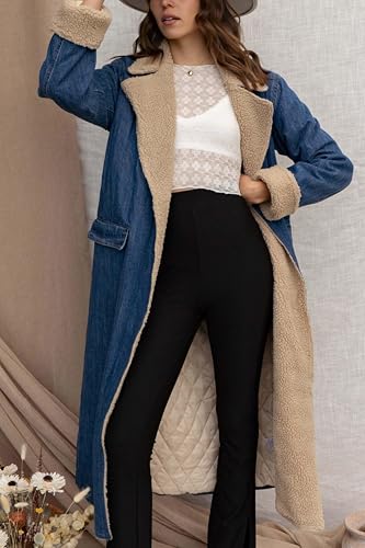 Womens Warm Winter Sherpa Fleece Lined Long Denim Coat Windproof Thick Denim Trench Coat with Belt