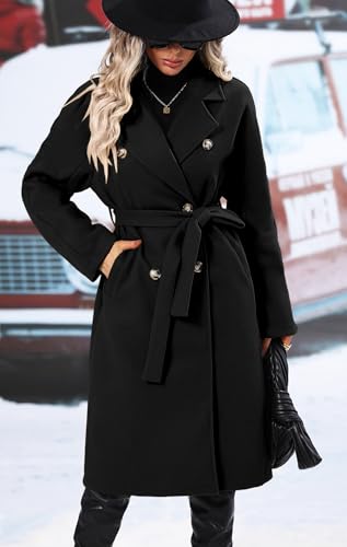 Women's Trendy Lapel Collar Double Breasted Wool Blend Coats Winter Pea Overcoat Pocketed Outwear with Belt