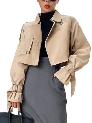 Women's Cropped Trench Coat Long Sleeve Casual Jacket Classic Double-Breasted Lapel Overcoat Fashion Outerwear