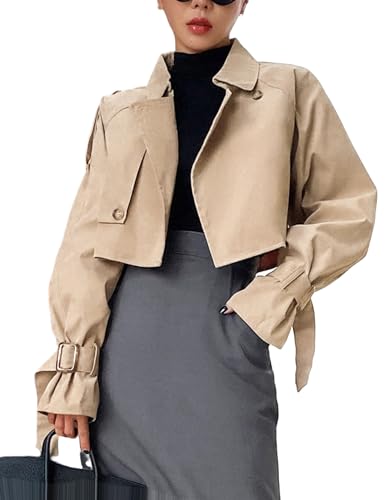 41Ym0NF8JL.jpg Women's Cropped Trench Coat Long Sleeve Casual Jacket Classic Double-Breasted Lapel Overcoat Fashion Outerwear
