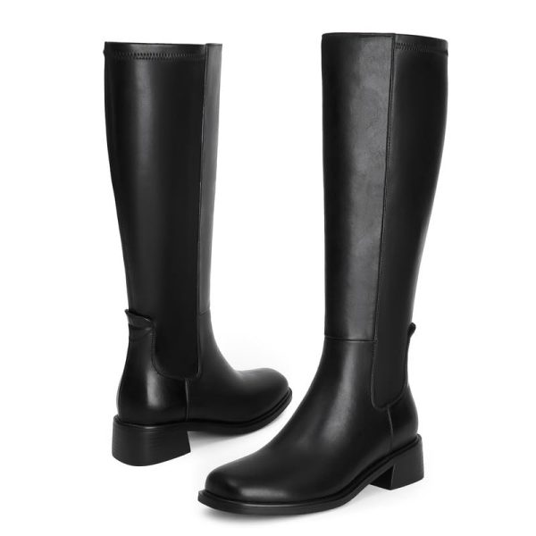 41Yv6N3fj6L.jpg Knee High Boots Women Faux Leather Elastic Boots Low Heel Square Toe Side Zipper Fall Long Tall Boots for Women