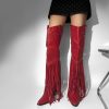 Fringe Thigh High Boots with Tassels Wide Calf Over Knee Western Cowboy Boots