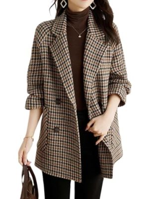 Womens Notched Lapel Pea Coat Double Breasted Blazer Jackets Houndstooth Woolen Blend Overcoat with Pockets