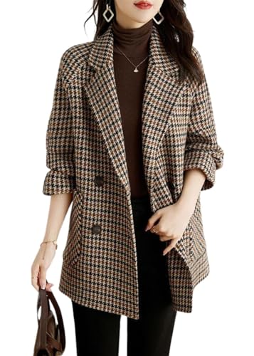41ZOFkBwDZL.jpg Womens Notched Lapel Pea Coat Double Breasted Blazer Jackets Houndstooth Woolen Blend Overcoat with Pockets