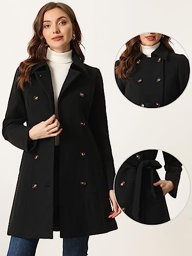 Winter Trench Coat for Women Overcoat Belted Outwear Double Breasted Mid Long Pea Coat