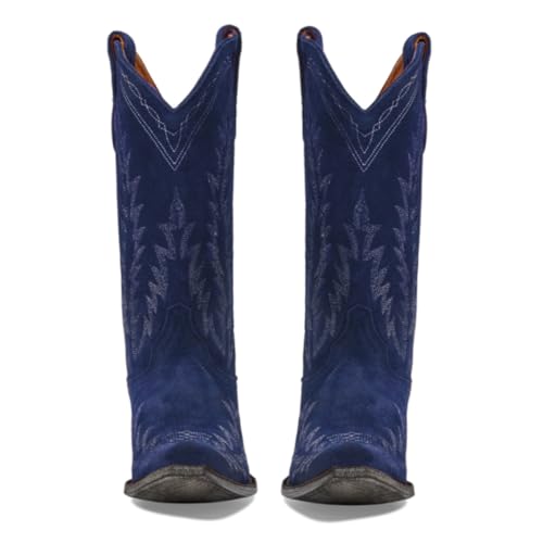 Vintage Embroidered Cowboy Boots Women Mid Calf Western Boots Suede Low Chunky Stacked Heel Square-Pointy Toe Short Cowgirl
