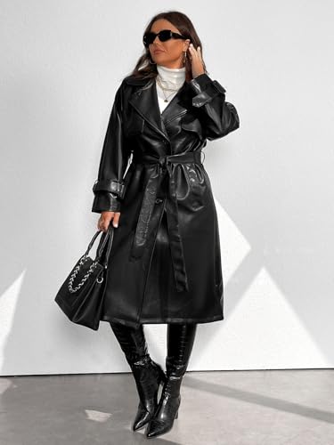 41aGa1OdcvL.jpg Women's Trench Coat Plus Size Faux Leather Long Classic Motorcycle Jacket Lapel Belted Overcoat