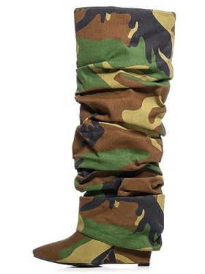 Slouched Ruched Fold Over Boots for Women Covered Wedge Heel Patent Leather Knee High Boots Wide Calf Pointed Toe Casual Boots