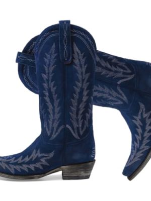 Vintage Embroidered Cowboy Boots Women Mid Calf Western Boots Suede Low Chunky Stacked Heel Square-Pointy Toe Short Cowgirl