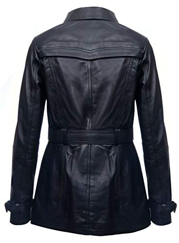 Ladies Leather Trench Coat Black Mid Length Coat Classic Jacket