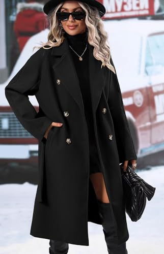Women's Trendy Lapel Collar Double Breasted Wool Blend Coats Winter Pea Overcoat Pocketed Outwear with Belt