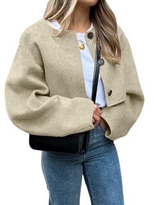 41dT8i1Tn-L.jpg Women Cropped Wool Blend Pea Coat Short Jacket Peacoat Long Sleeve Button Down Crop Jacket