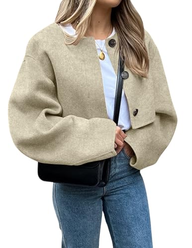 Women Cropped Wool Blend Pea Coat Short Jacket Peacoat Long Sleeve Button Down Crop Jacket