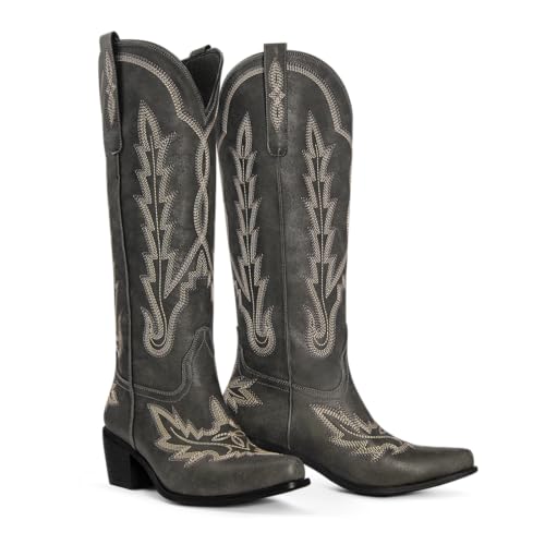 Cowboy Boots for Women Knee High Cowgirl Boots with Classic Embroidered Slip On Pointed Toe Chunky Heel Pull On Fashion Retro