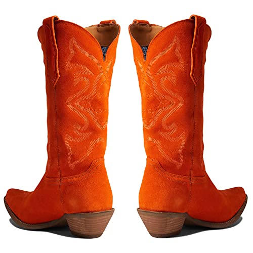 41duBnuEgFL.jpg Cowboy Boots Women Embroidered Mid Calf Western Boots Stacked Low Heel Pointed Toe Pull On Cowgirl Boot 4-11 M US