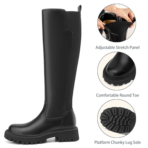 41etkzH9v5L.jpg Women's Knee High Boots Fashion Platform Lug Sole Tall Riding Boots Comfortable Stretch Calf Dress Long Boots