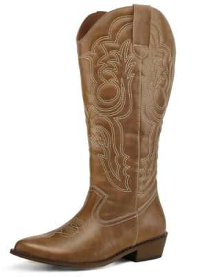 Women's Wide Calf Cowboy Boots Pull on Cowgirl Embroidered Mid Calf Pointed Toe Chunky Heel Western Boots