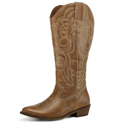 41ezKuSHVYL.jpg Women's Wide Calf Cowboy Boots Pull on Cowgirl Embroidered Mid Calf Pointed Toe Chunky Heel Western Boots